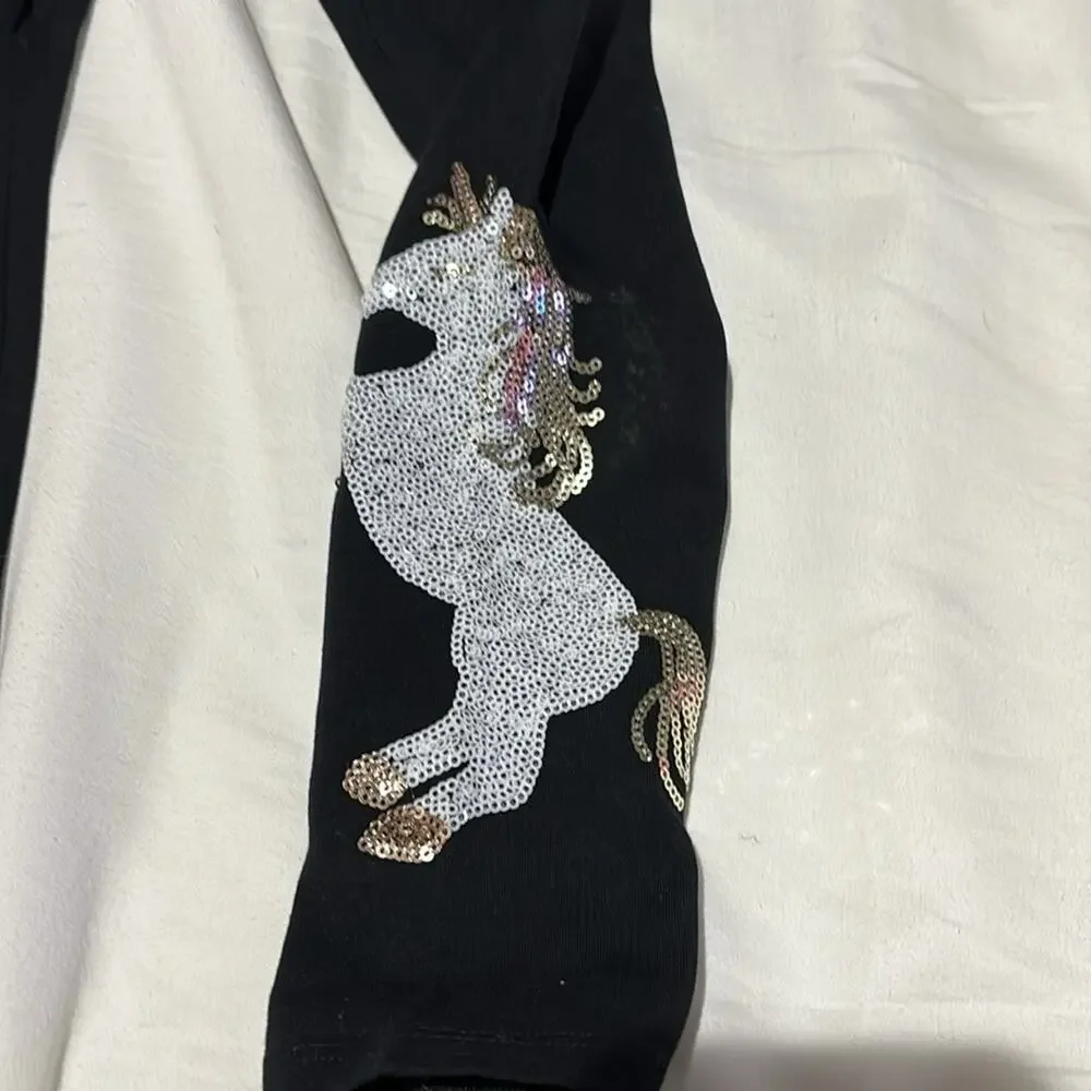 Isacc Mizrahi 7/8 black leggings sequined unicorn on ankle white gold NWT